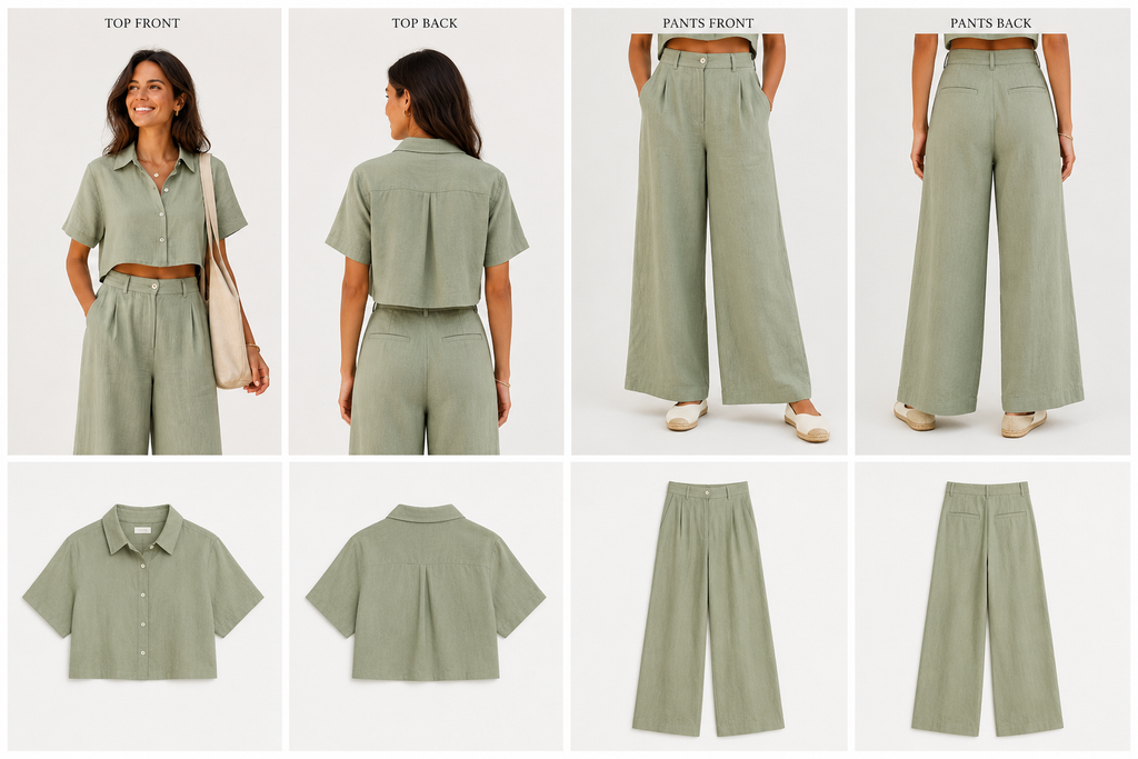 Women's Premium Linen Blend Crop Shirt & Wide Leg Pants Co-Ord Set – Sage Green