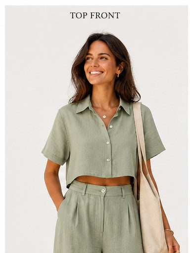 Women's Premium Linen Blend Crop Shirt & Wide Leg Pants Co-Ord Set – Sage Green