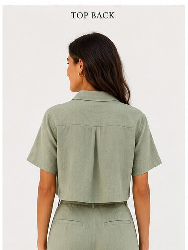 Women's Premium Linen Blend Crop Shirt & Wide Leg Pants Co-Ord Set – Sage Green