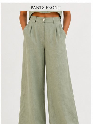Women's Premium Linen Blend Crop Shirt & Wide Leg Pants Co-Ord Set – Sage Green