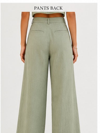 Women's Premium Linen Blend Crop Shirt & Wide Leg Pants Co-Ord Set – Sage Green