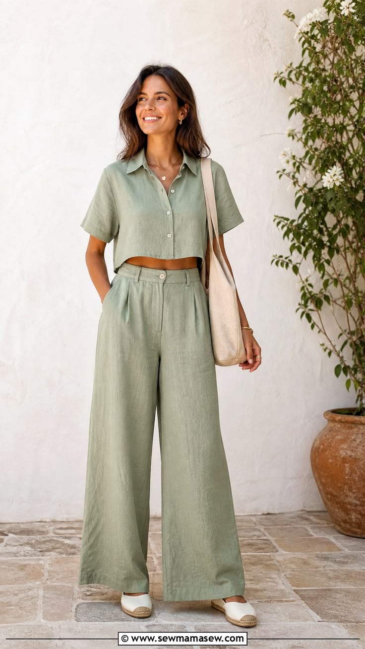 Women's Premium Linen Blend Crop Shirt & Wide Leg Pants Co-Ord Set – Sage Green