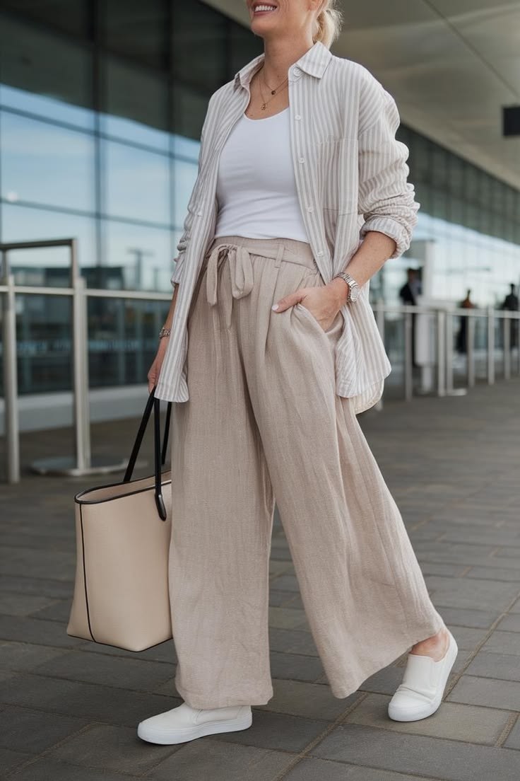 Linen Blend Wide Leg Drawstring Pants – Beige