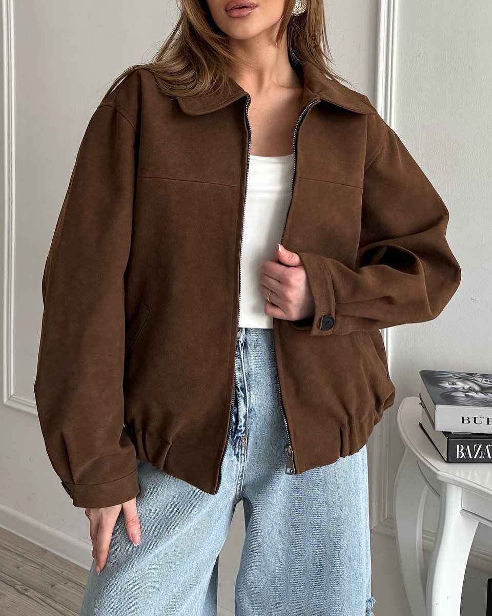 Oversized Suede Bomber Jacket – Women's Casual Zip-Up Jacket